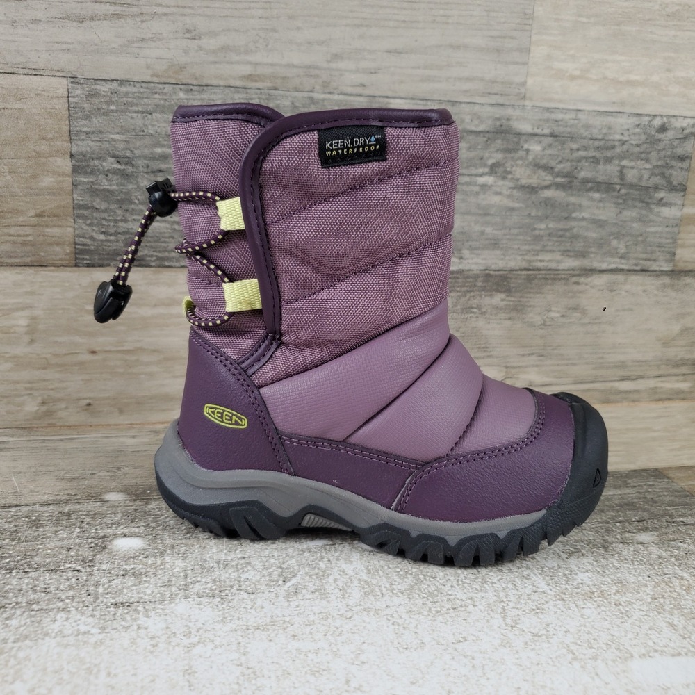 KEEN Puffrider Kids Waterproof Winter Boots Sz 8 Black Plum Daiquiri Green